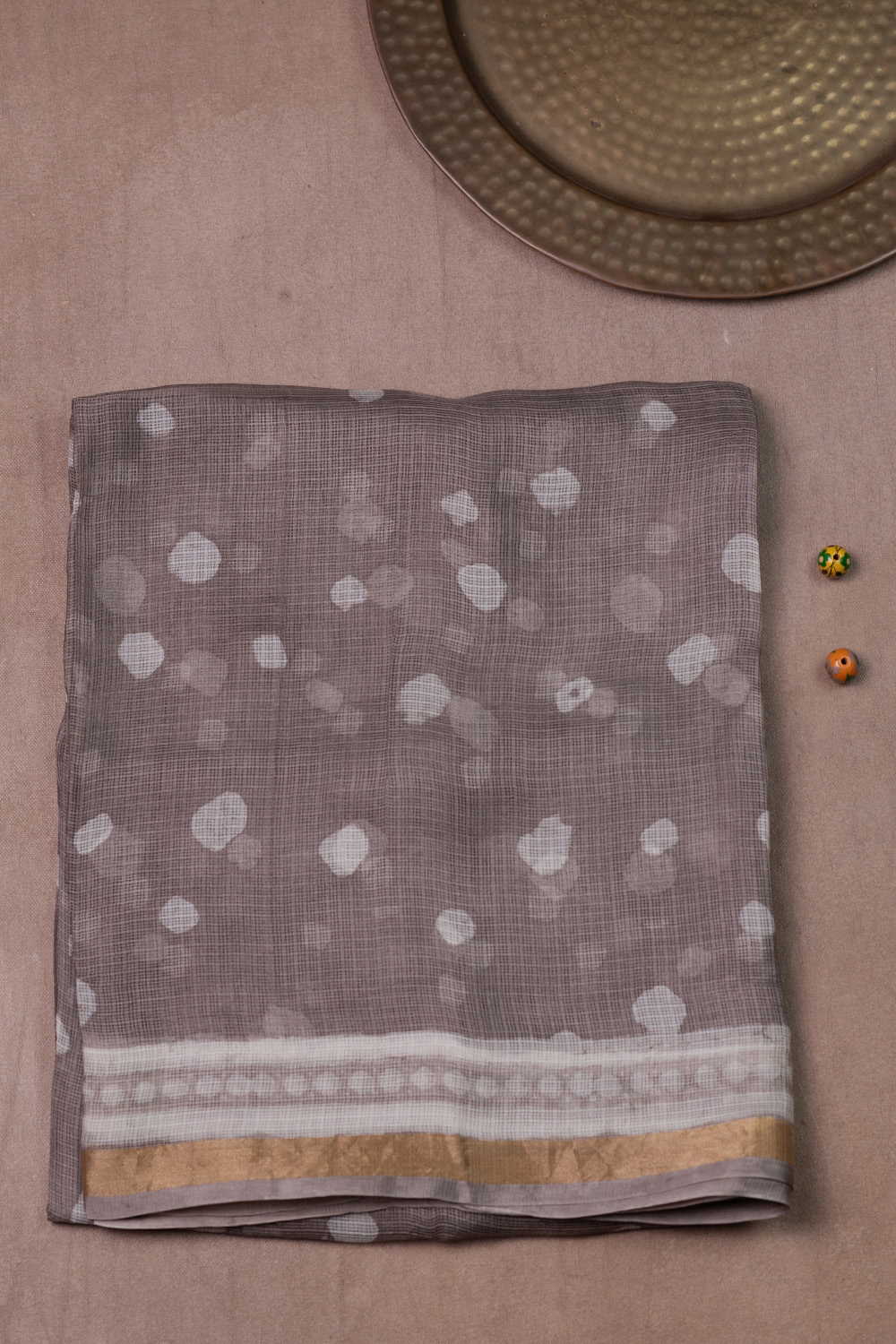 Grey - Zari Border Block Printed Kota Silk saree