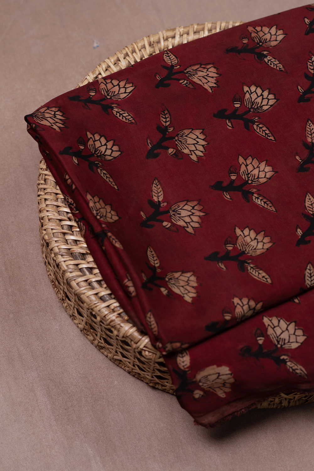 Floral Butta - Maroon Block Printed Modal Silk Fabric