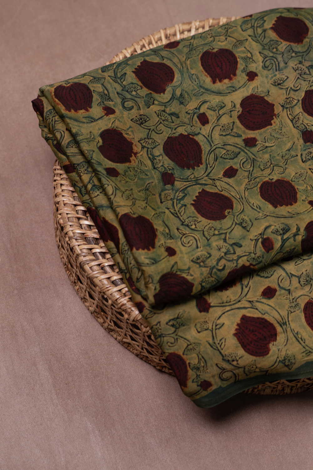 Floral Veins on Green Block Printed Modal Silk Fabric