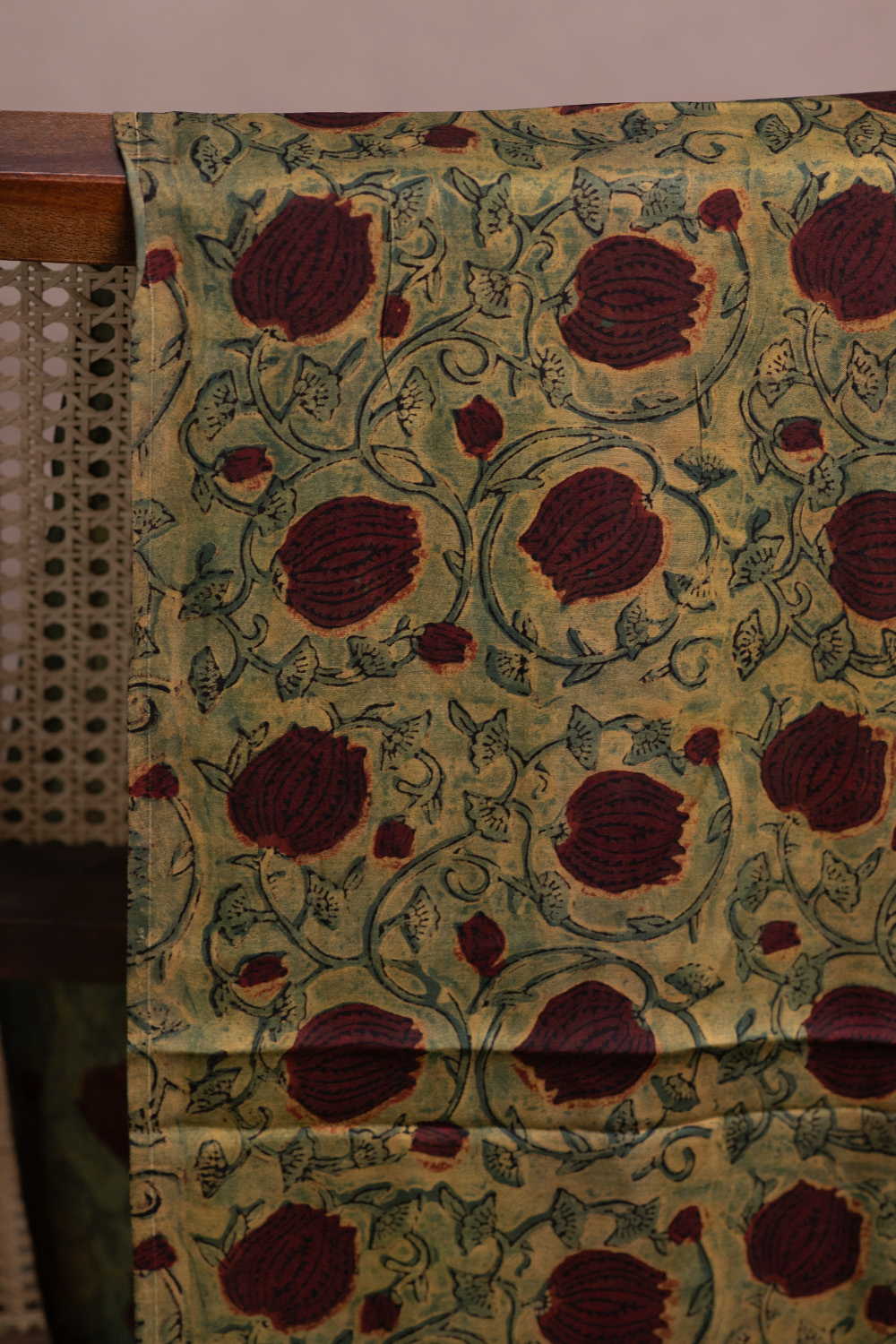 Floral Veins on Green Block Printed Modal Silk Fabric - Image 2