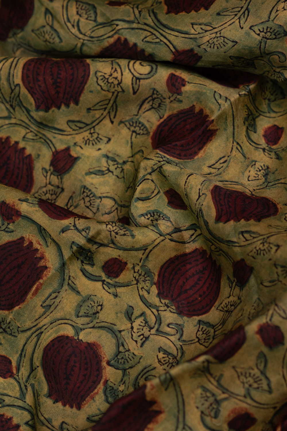 Floral Veins on Green Block Printed Modal Silk Fabric - Image 3