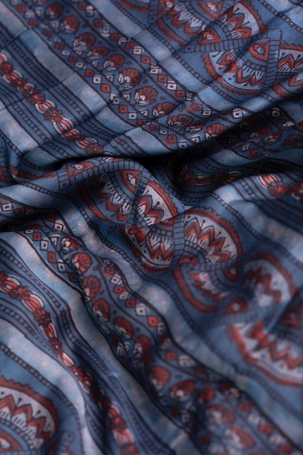 Indigo with Pattern Block Printed Modal Silk Fabric - Image 3