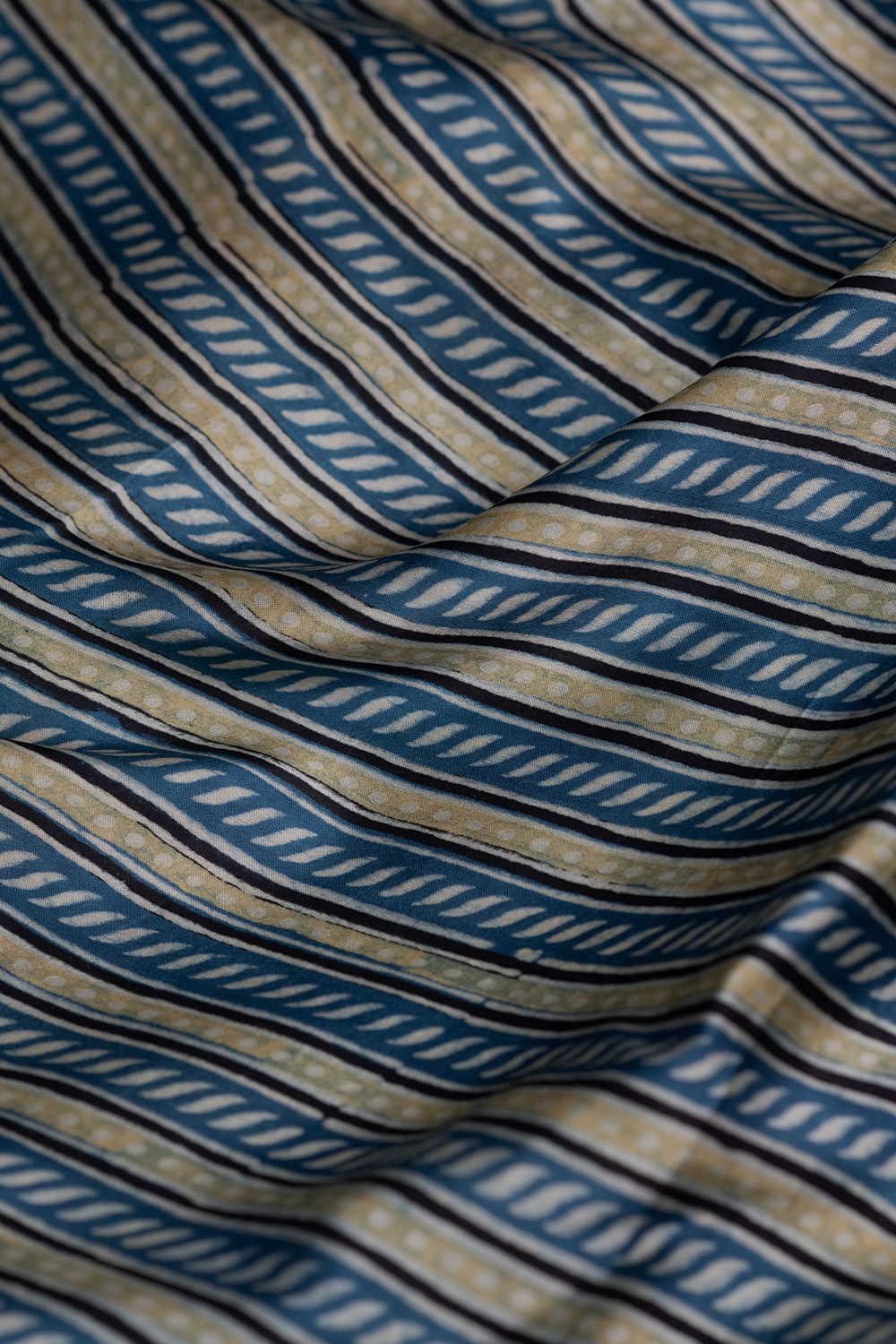 Indigo with Green Block Printed Modal Silk Fabric - Image 3