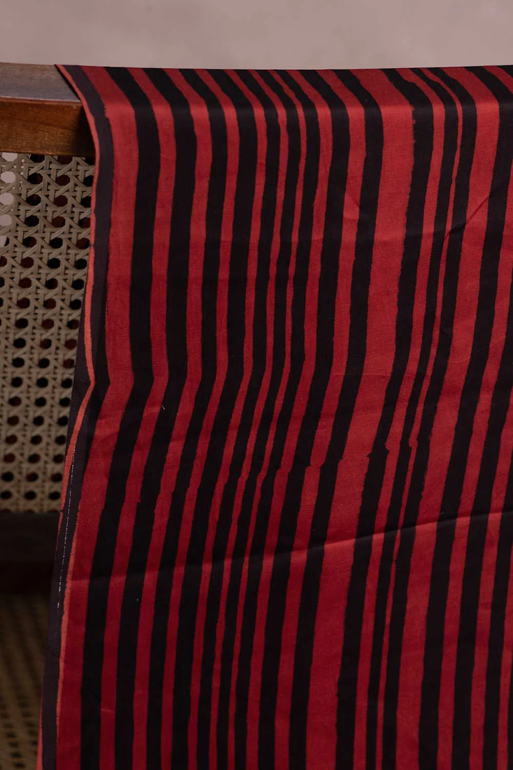 Maroon & Black Stripe Block Printed Modal Silk Fabric - Image 3