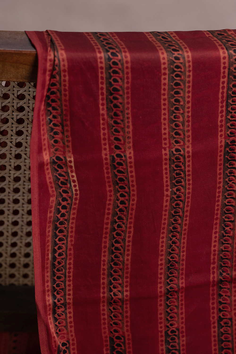 Deep Maroon Block Printed Modal Silk Fabric - Image 3
