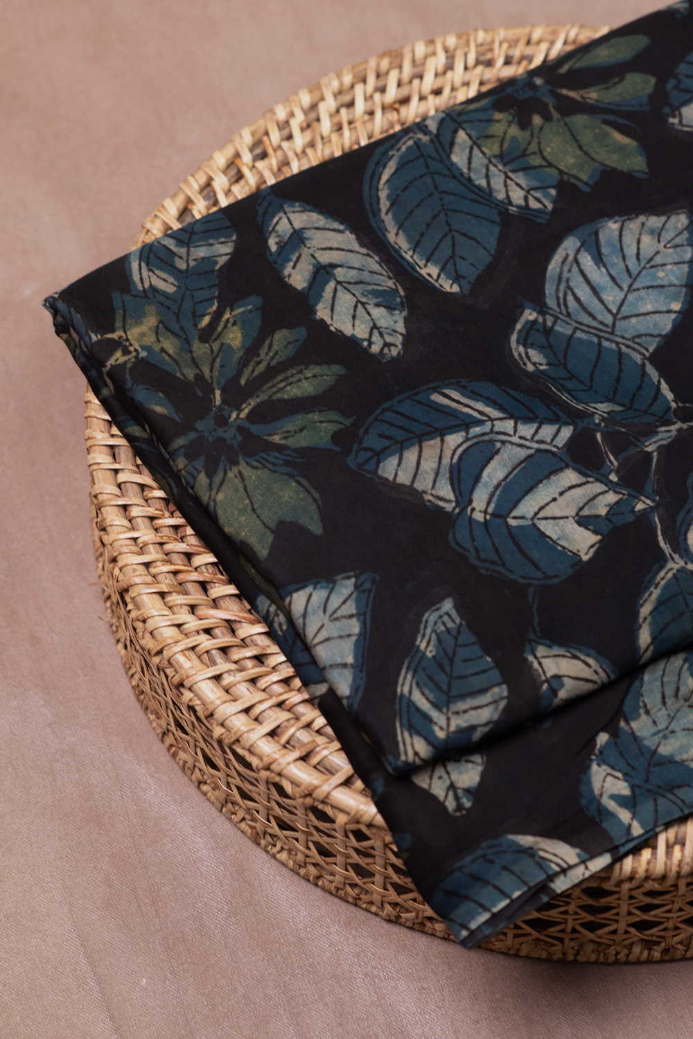 Leafy Pattern - Black Block Printed Modal Silk Fabric - Image 2