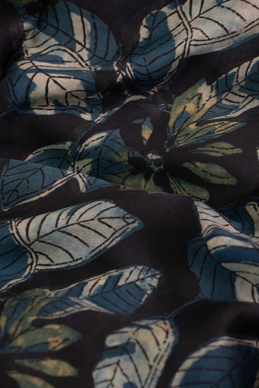 Leafy Pattern - Black Block Printed Modal Silk Fabric - Image 3