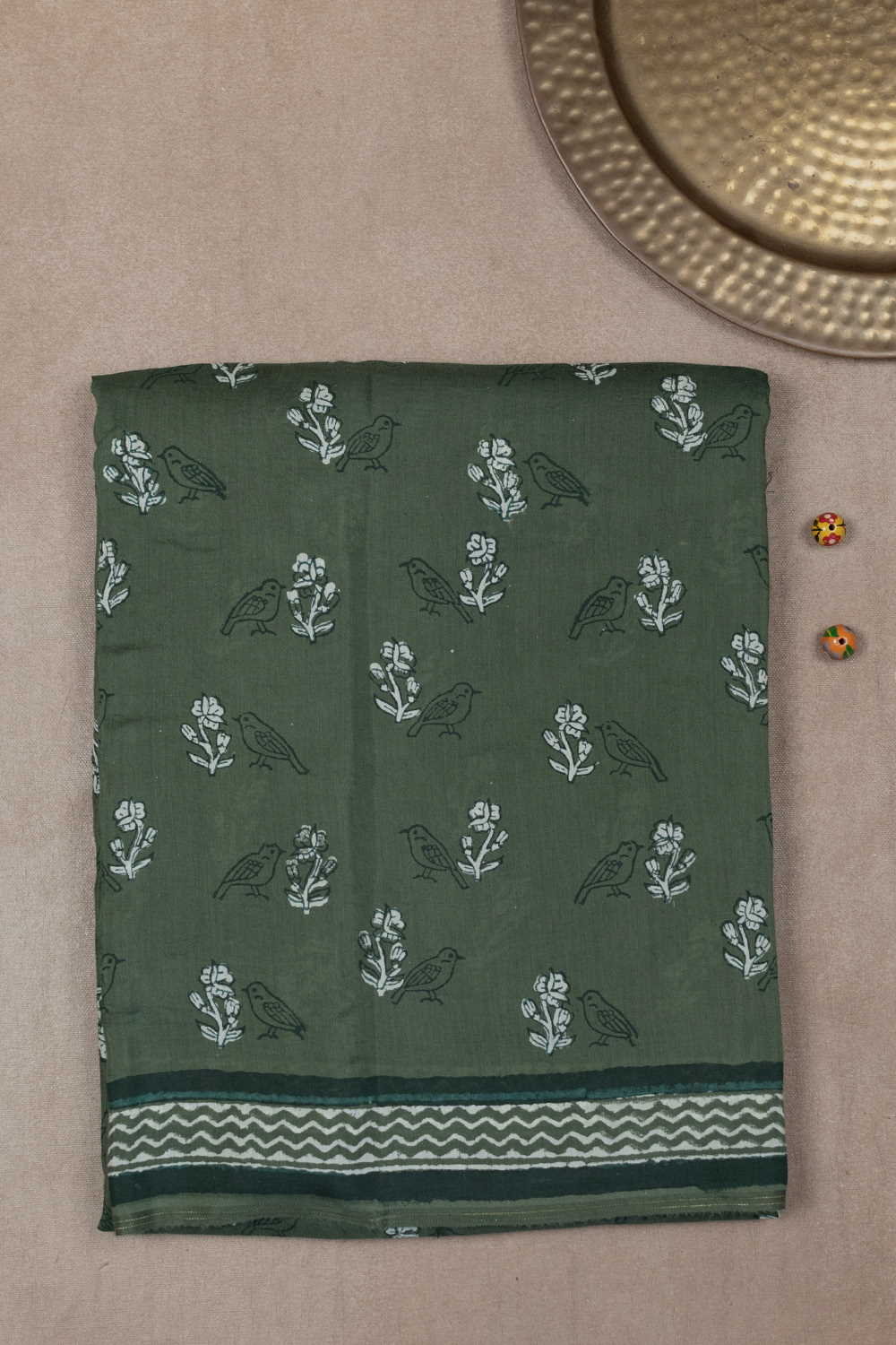 Florals on Green Block Printed Lyocell saree