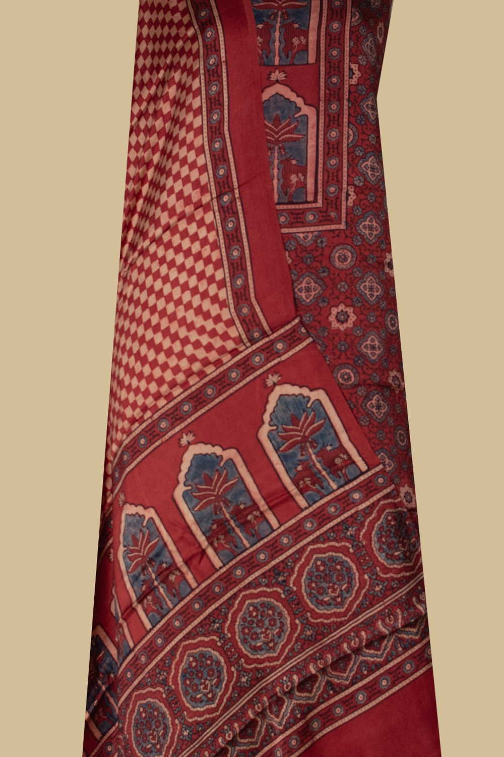 Maroon Block Printed Modal Silk Top & Dupatta