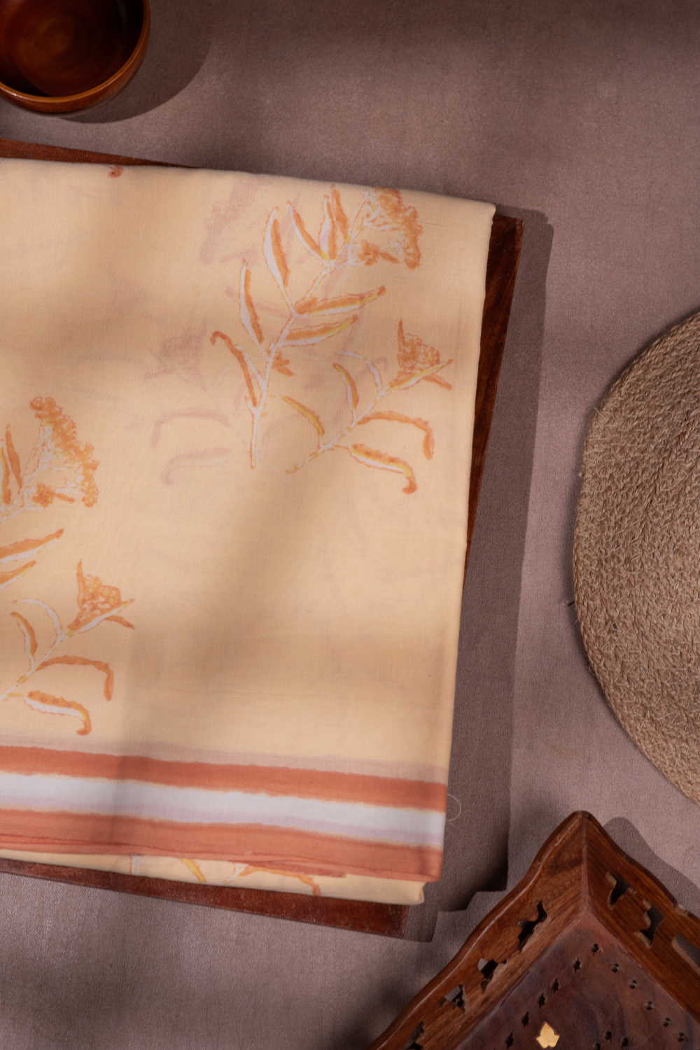 Creamy Orange Shade Block Printed Mul Cotton saree