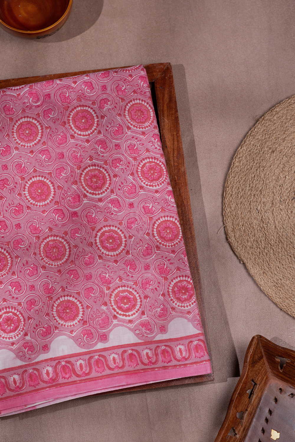Pink with Intricate Design Block Printed Mul Cotton saree