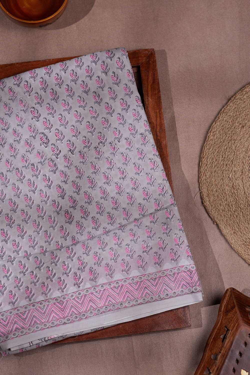 Tiny Motifs on Grey Block Printed Mul Cotton saree
