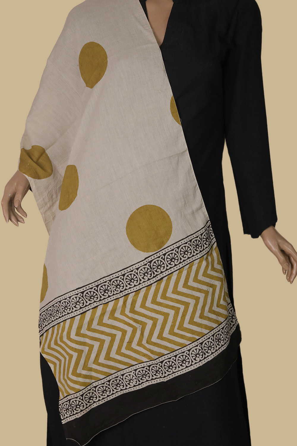 Yellow Polka Block Printed Mul Cotton Stole