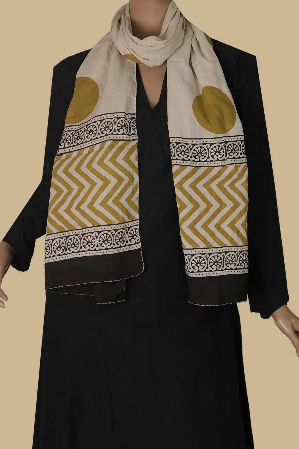 Yellow Polka Block Printed Mul Cotton Stole - Image 2