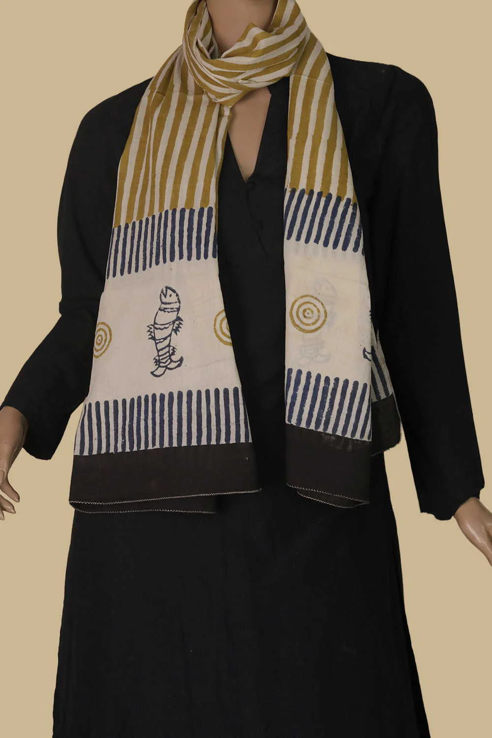 Yellow Stripe Block Printed Mul Cotton Stole
