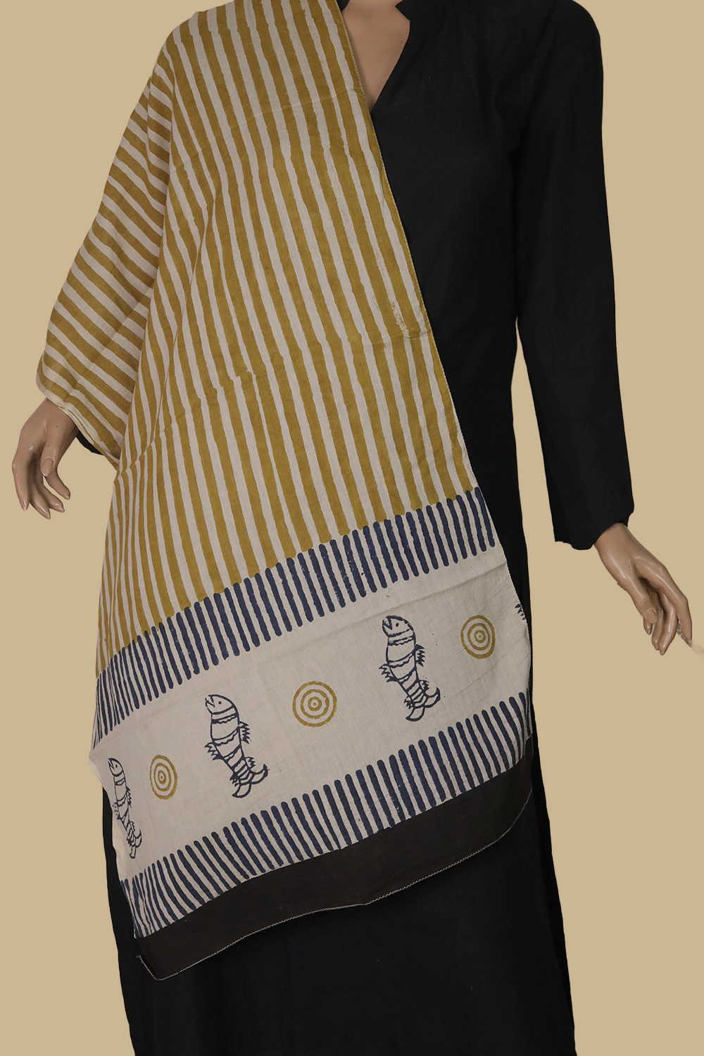 Yellow Stripe Block Printed Mul Cotton Stole - Image 2