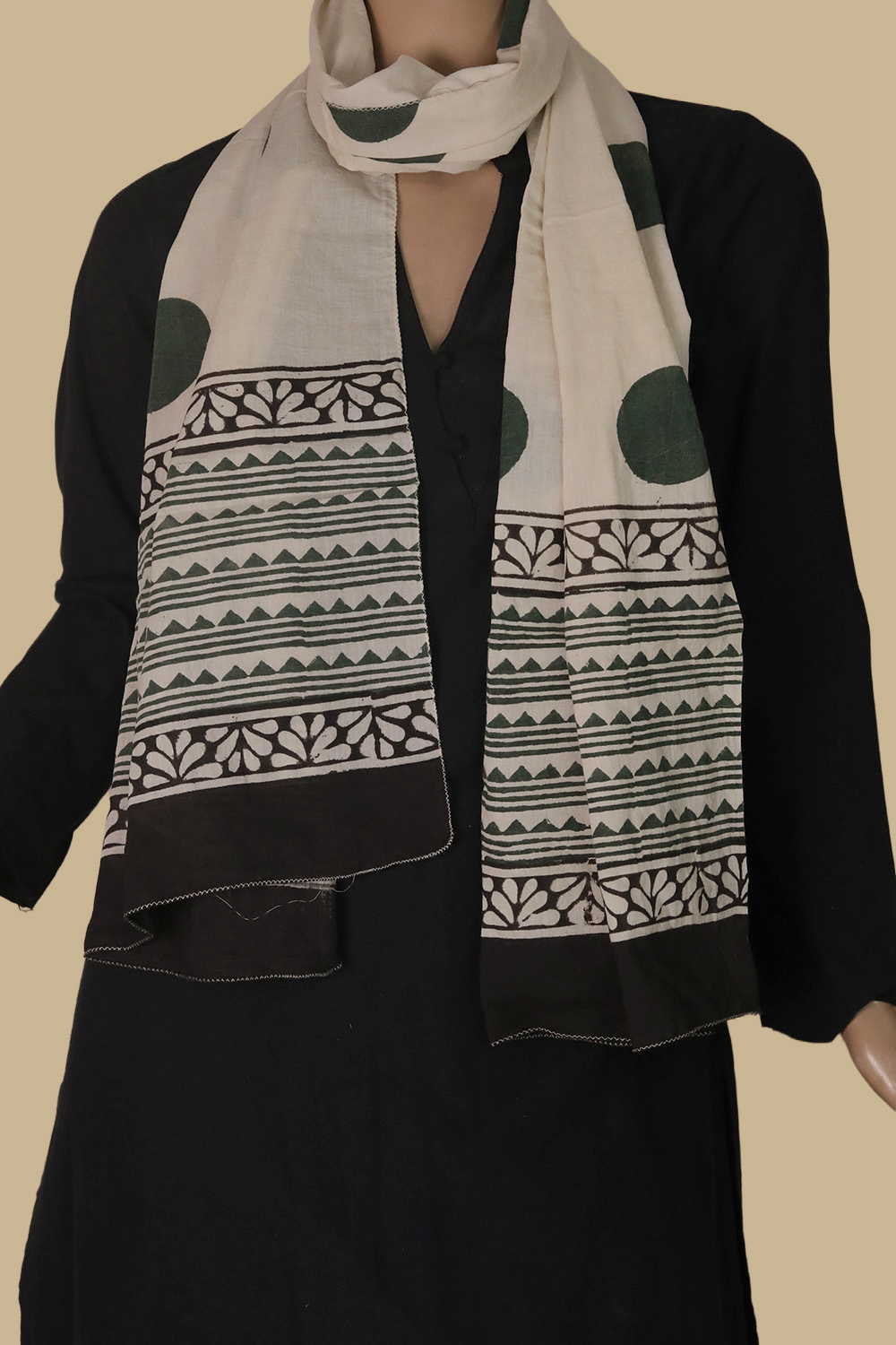 Green Circle Block Printed Mul Cotton Stole