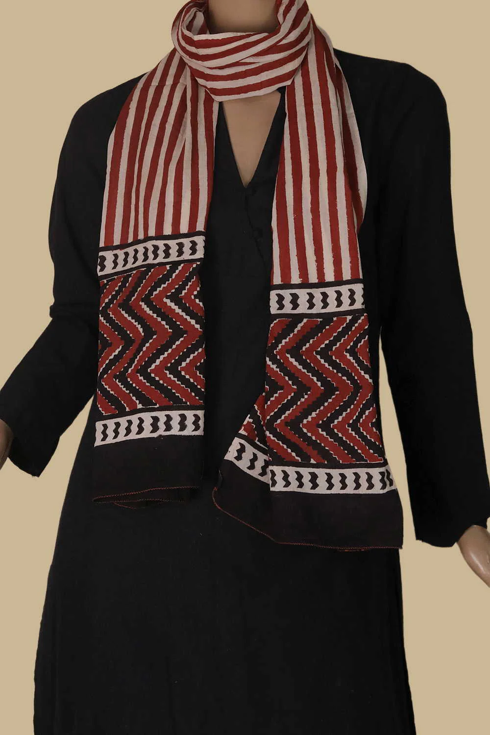 Maroon Stripe Block Printed Mul Cotton Stole