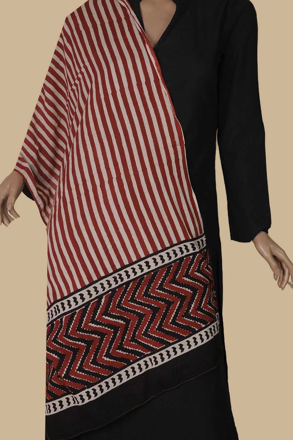 Maroon Stripe Block Printed Mul Cotton Stole - Image 2