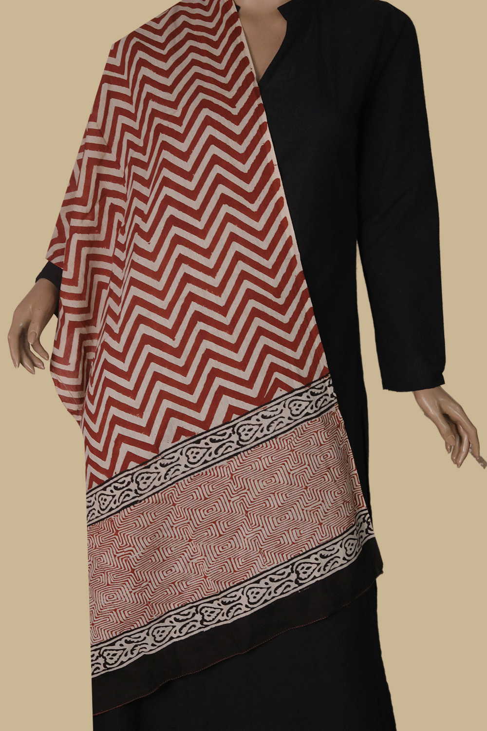 Maroon Chevron Block Printed Mul Cotton Stole