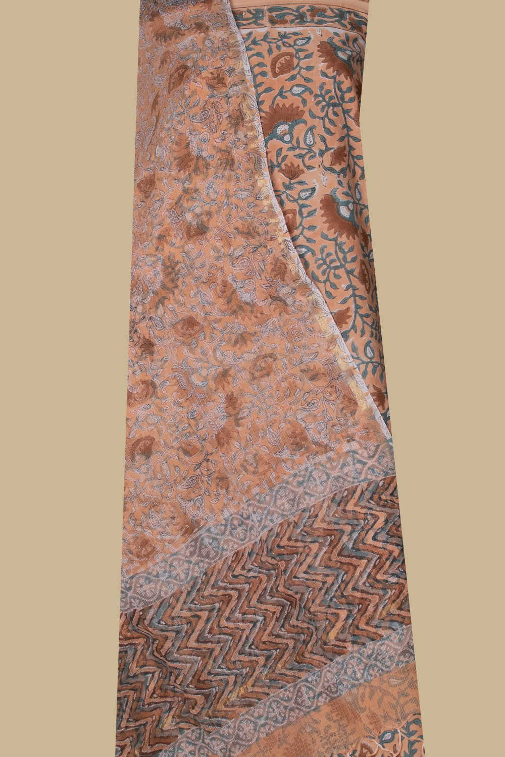 Creamy Orange Block Printed Mul Cotton Suit