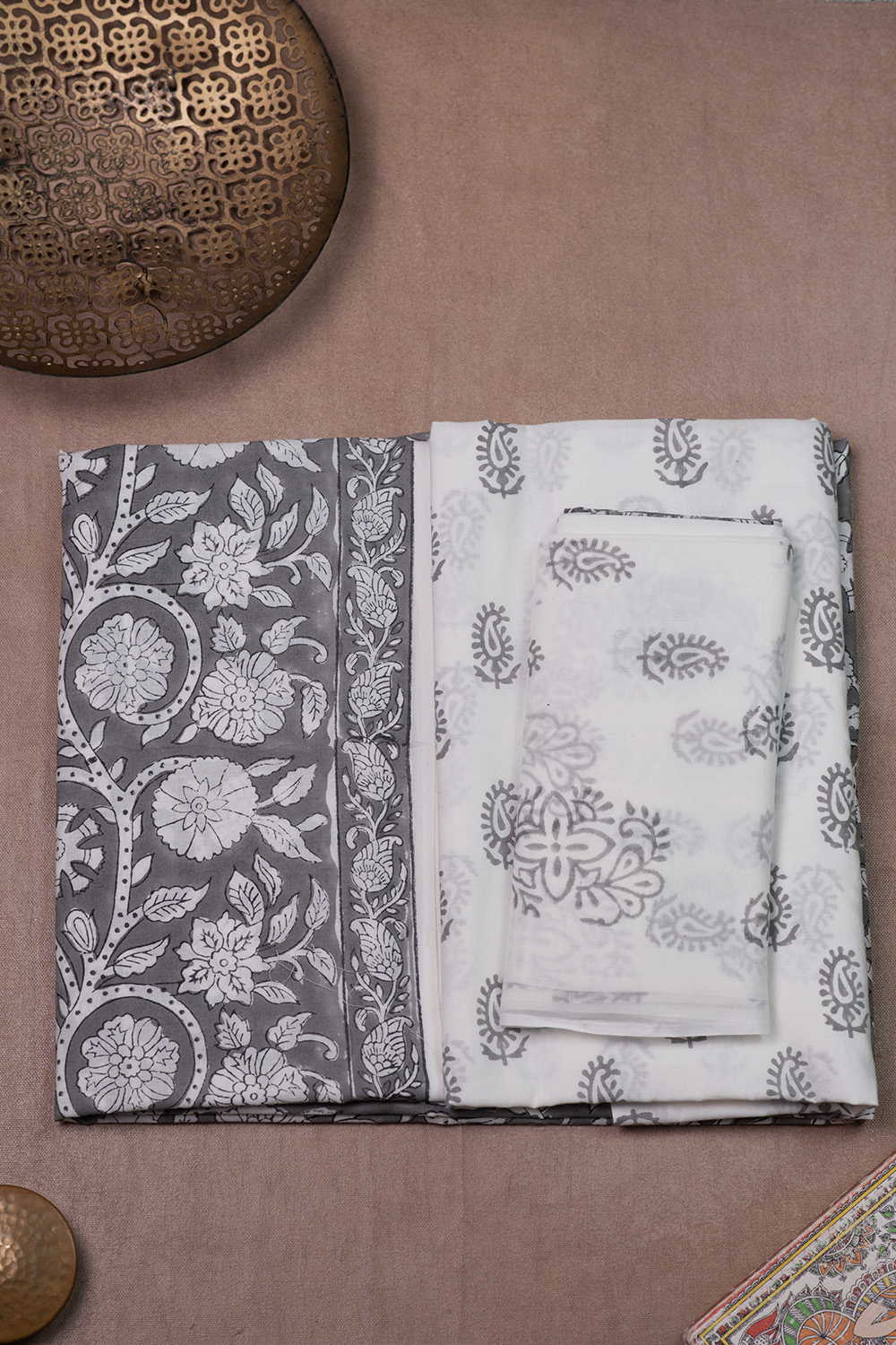 Grey Blossom Block Printed Mul Cotton Suit