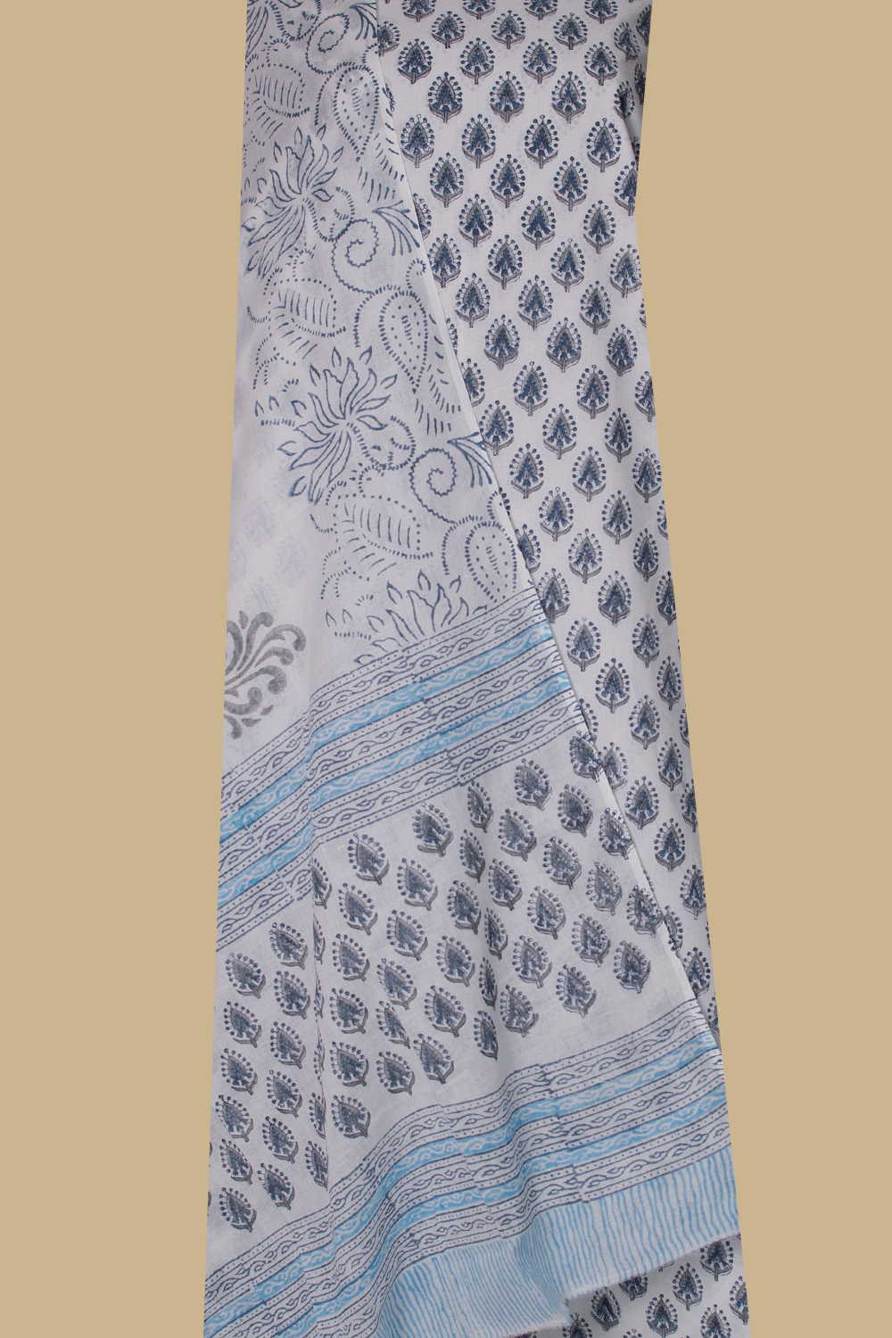 Cream Block Printed Mul Cotton Suit