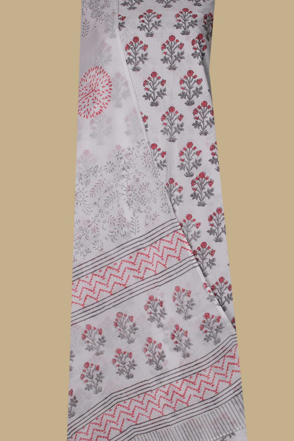 Cream Floral Block Printed Mul Cotton Suit