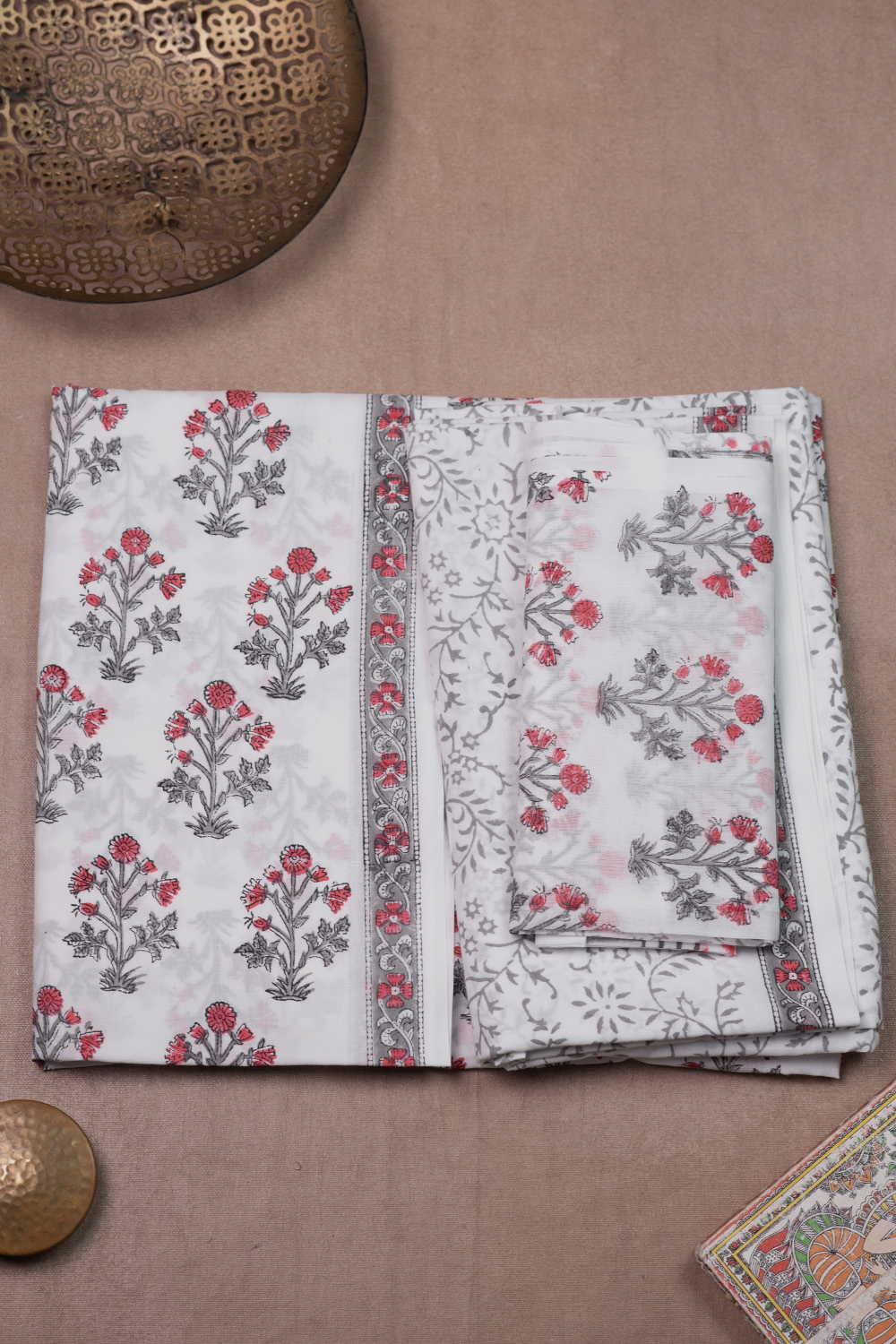 Cream Floral Block Printed Mul Cotton Suit - Image 2