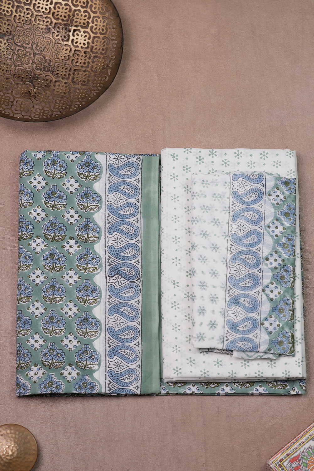 Light Green Block Printed Mul Cotton Suit