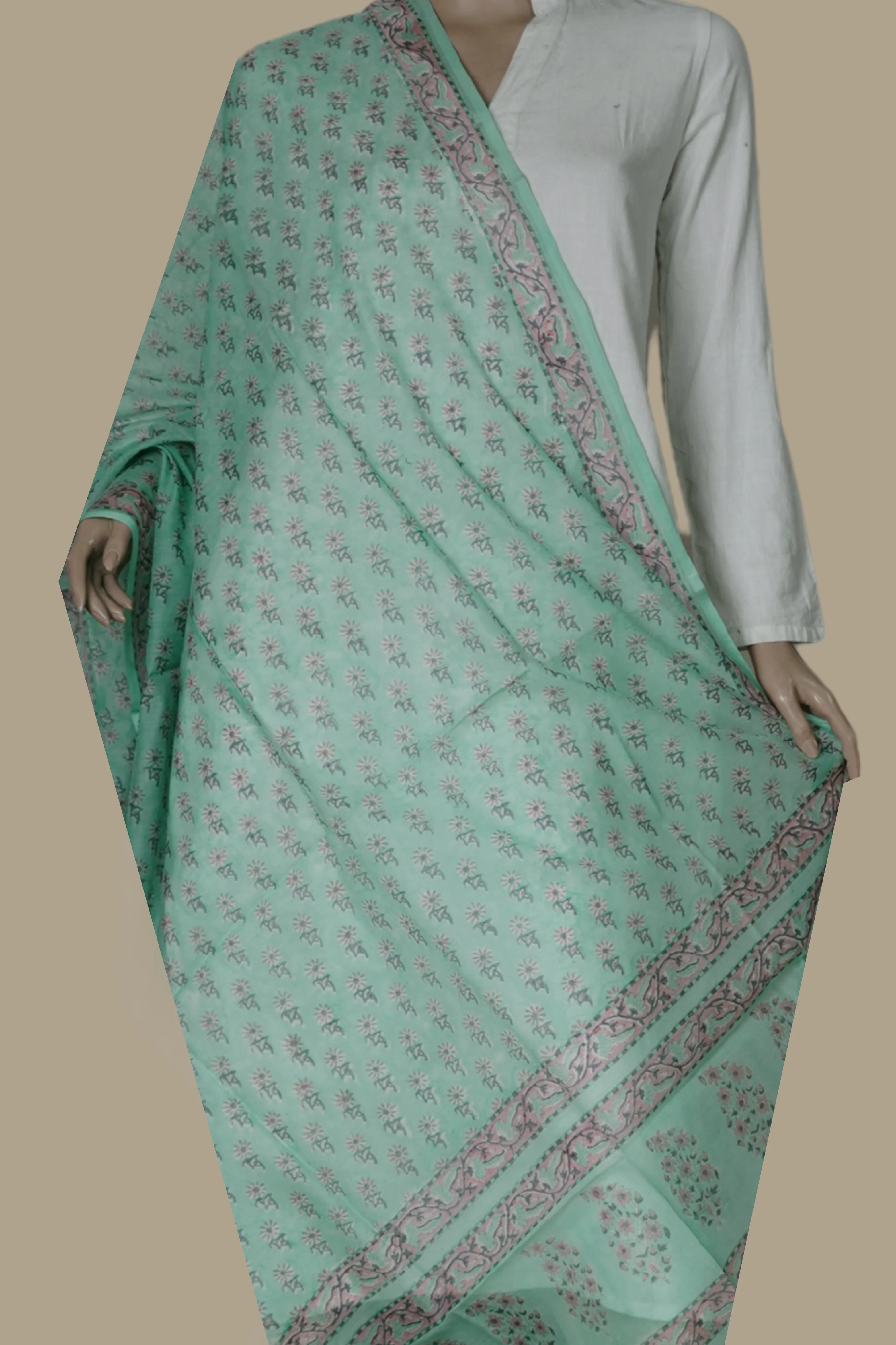 Mint Green Block Printed Chanderi Mul Dupatta