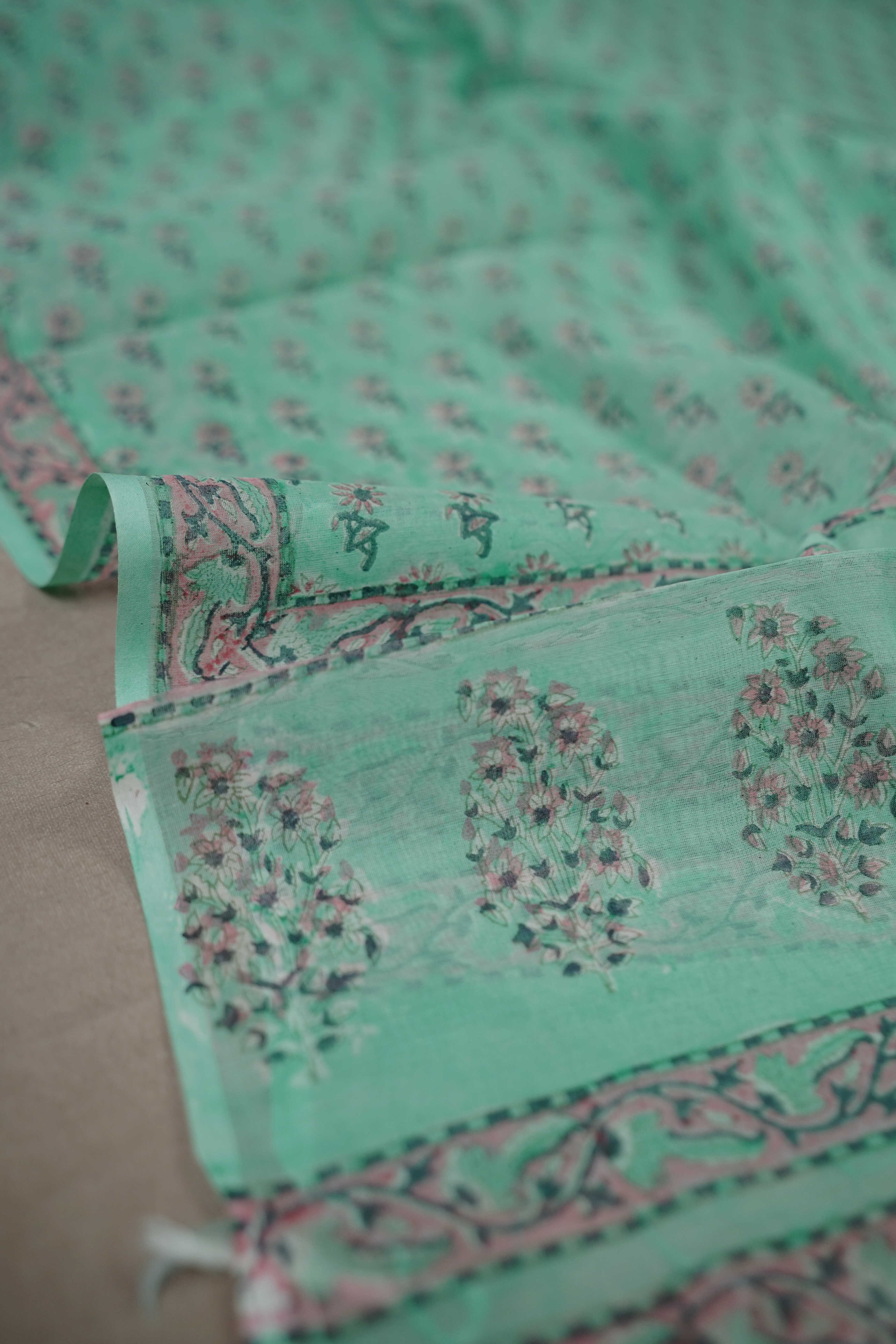 Mint Green Block Printed Chanderi Mul Dupatta - Image 2