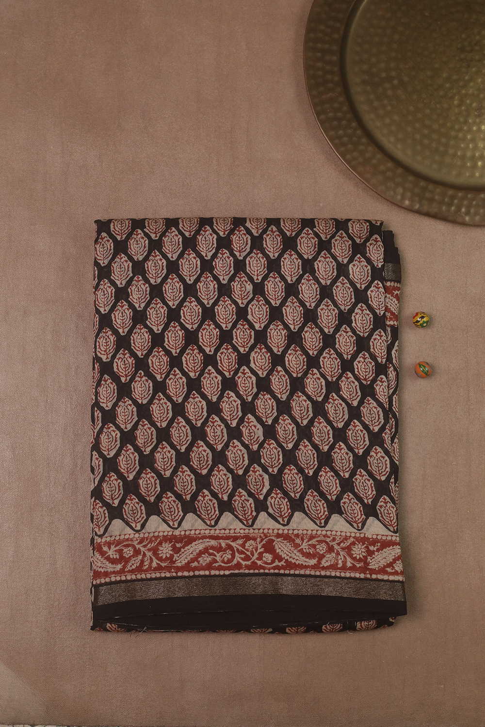 Motifs on Black Block Printed Silk Cotton saree