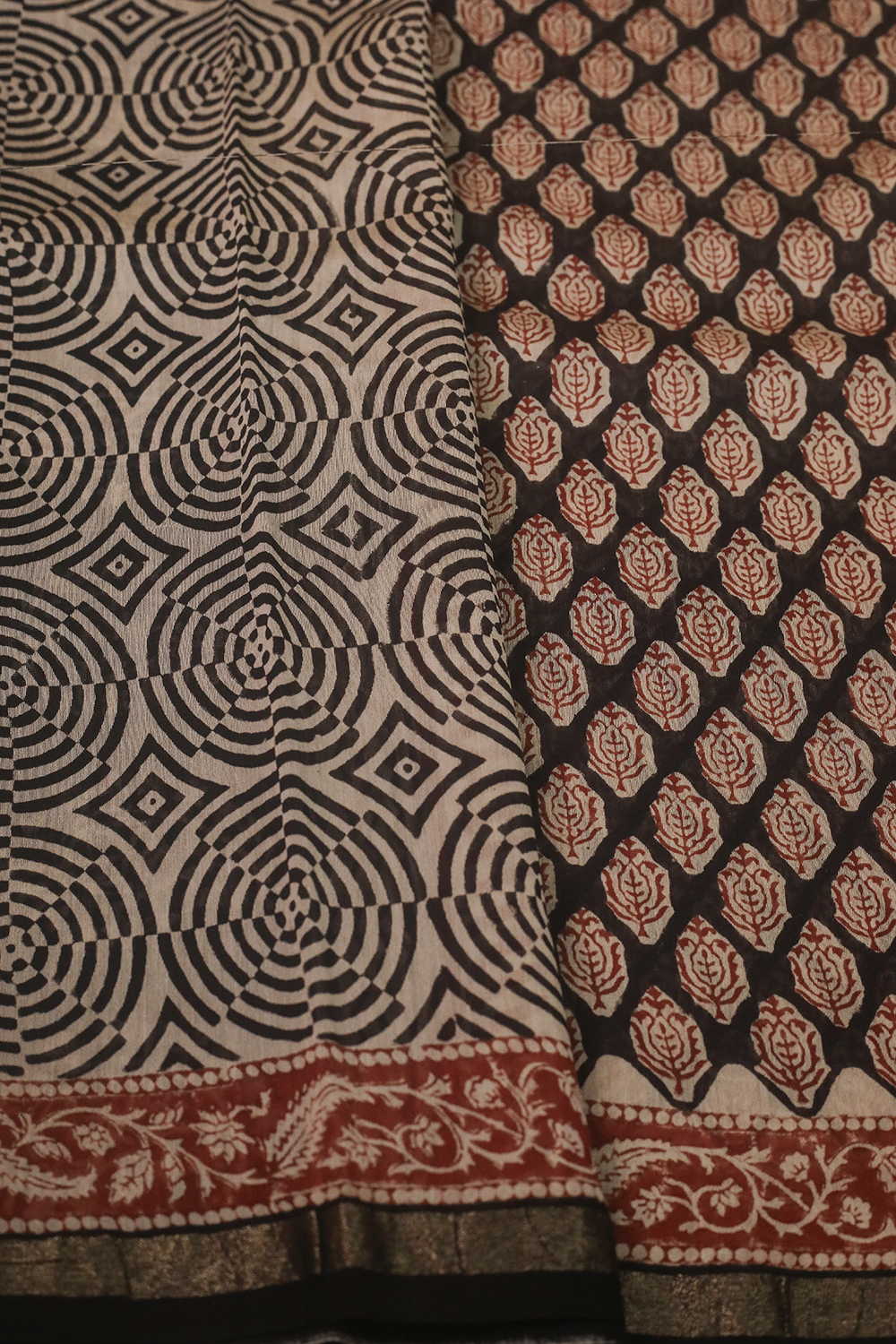 Motifs on Black Block Printed Silk Cotton saree - Image 4