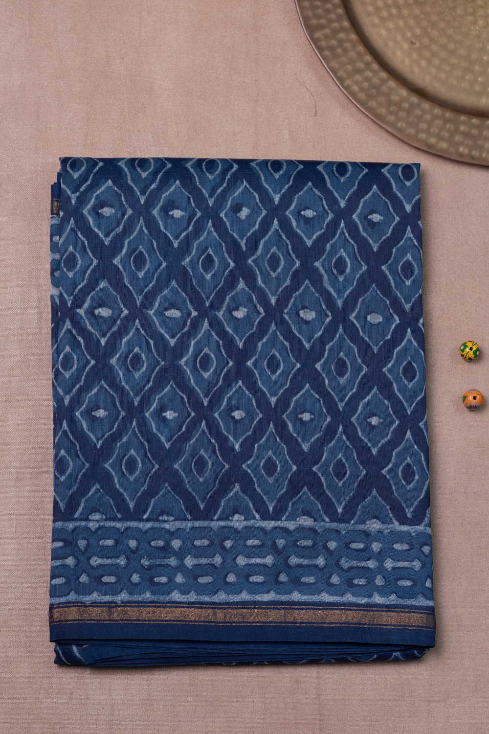 Patterned on Indigo Block Printed Chanderi Silk Cotton saree