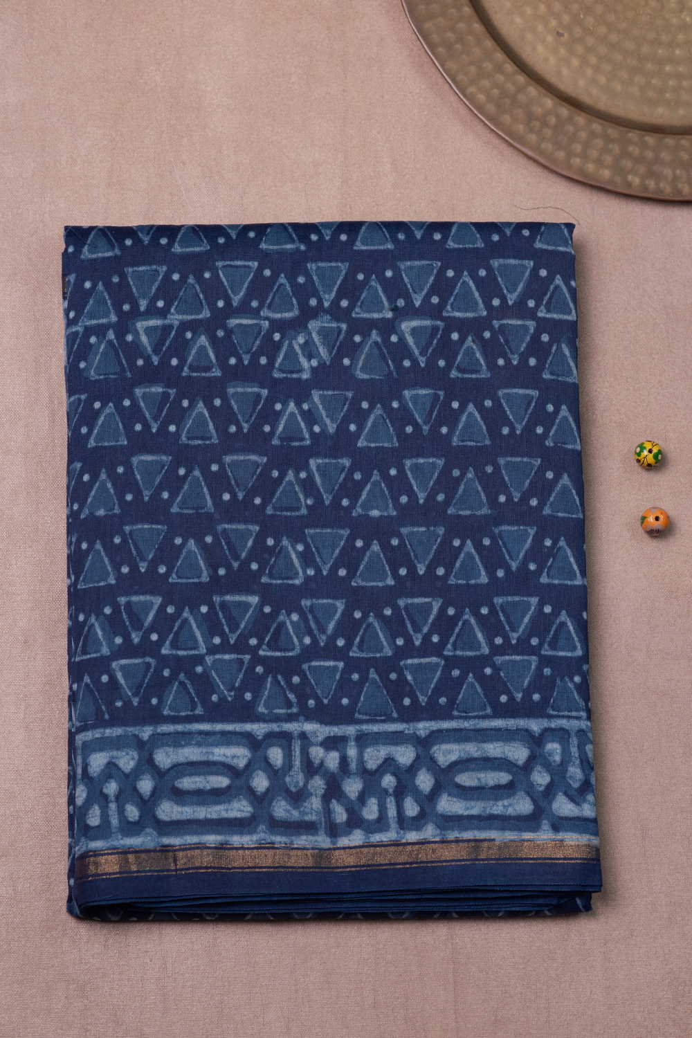 Dark Indigo Block Printed Chanderi Silk Cotton saree