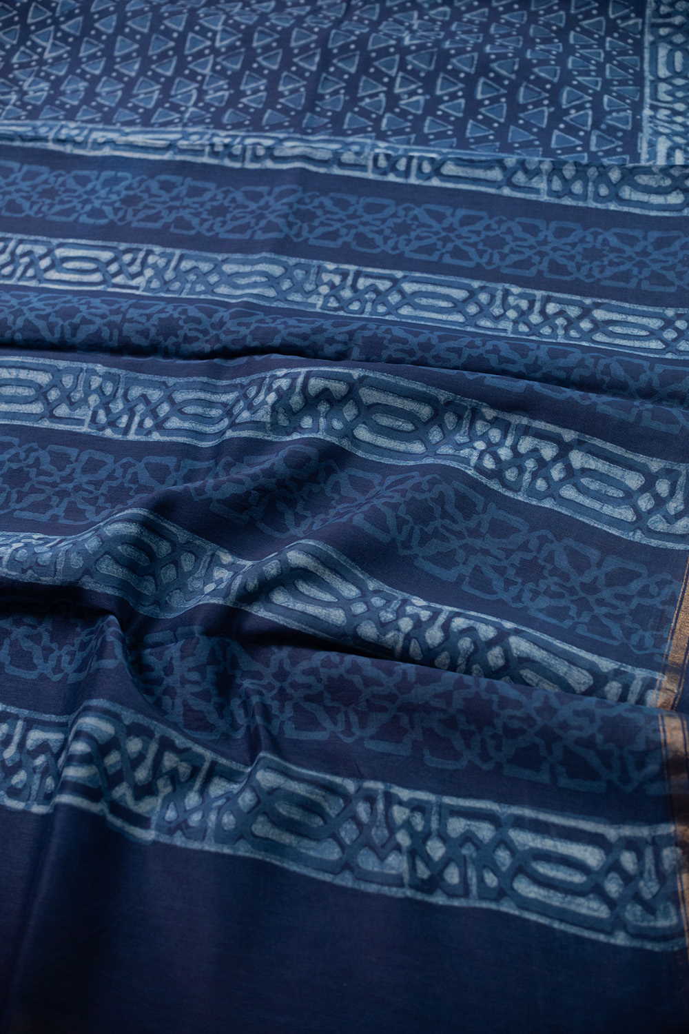 Dark Indigo Block Printed Chanderi Silk Cotton saree - Image 3
