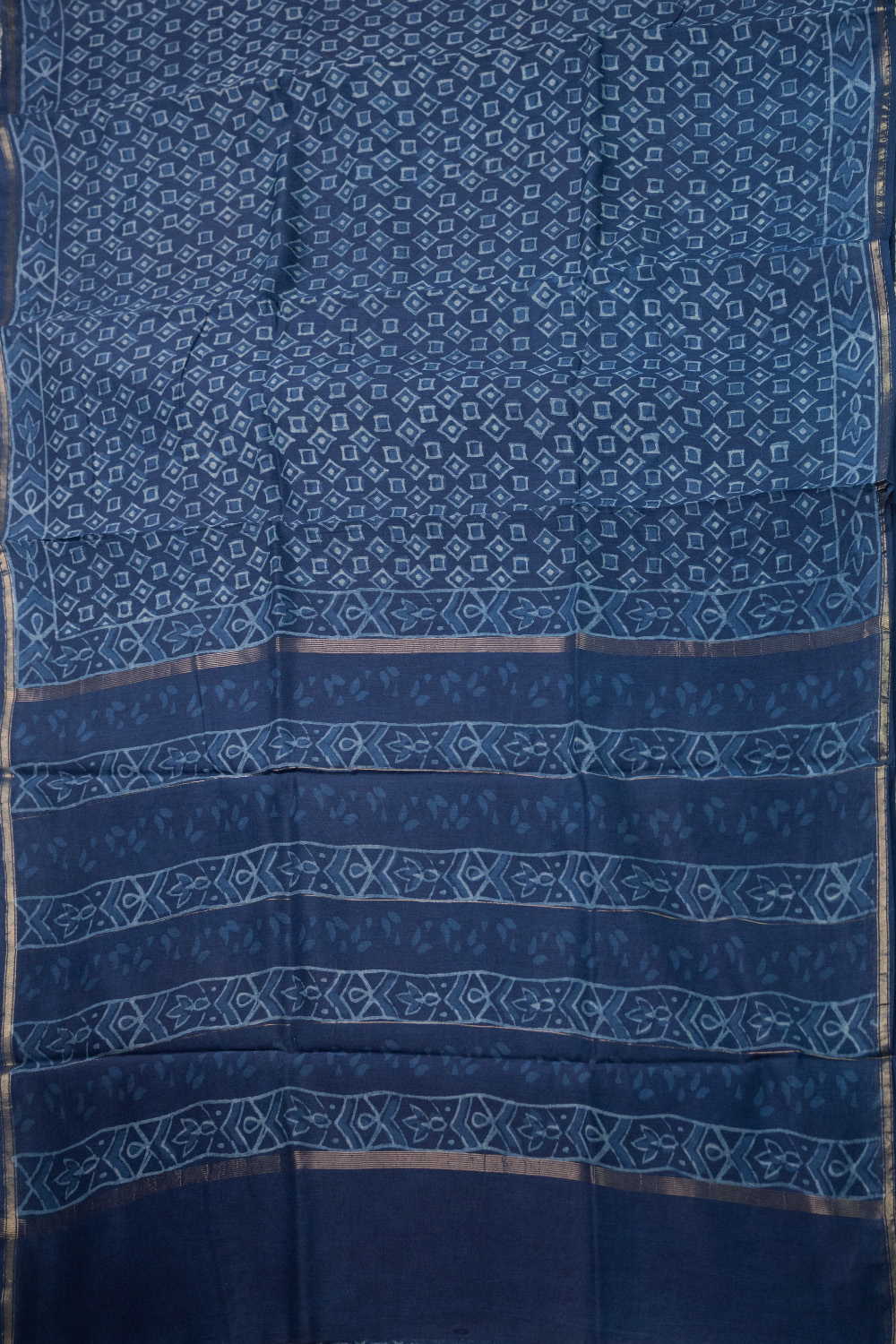 Gridline Indigo Block Printed Chanderi Silk Cotton saree - Image 2