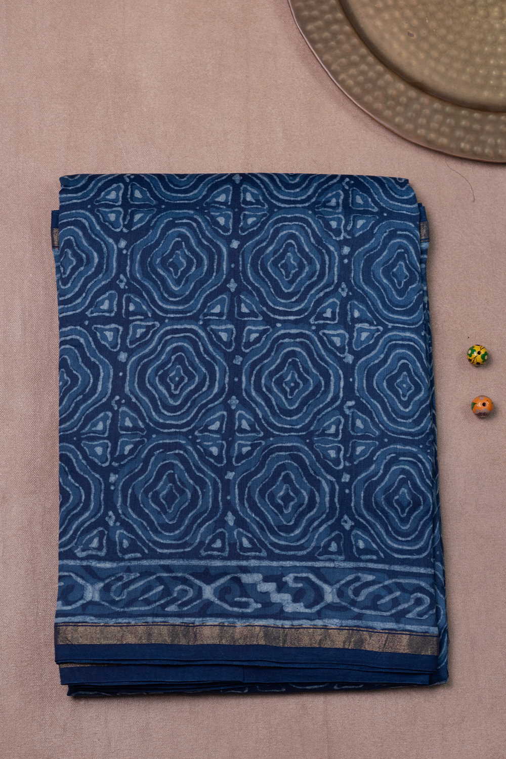 Indigo Block Printed Chanderi Silk Cotton saree