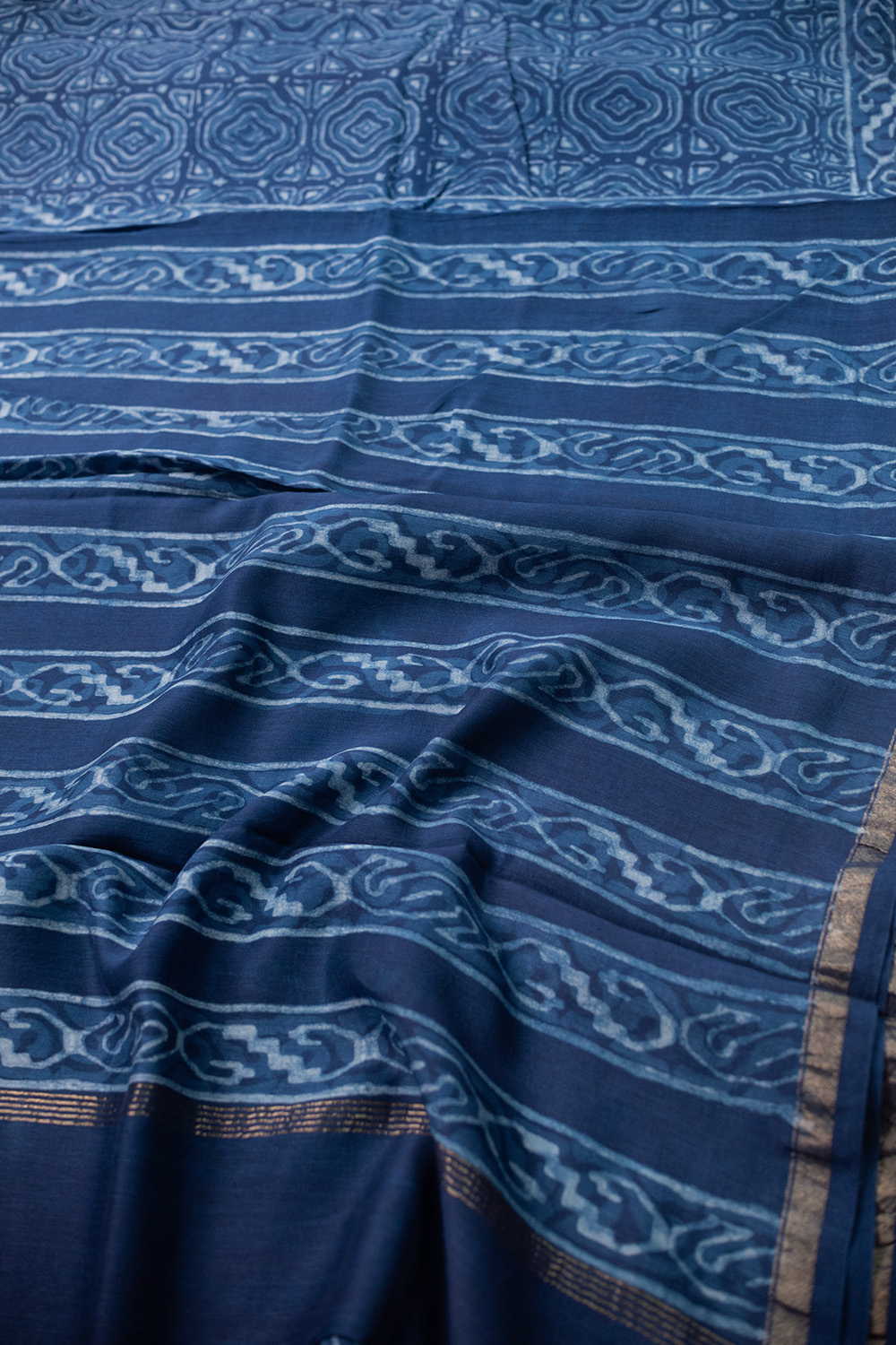 Indigo Block Printed Chanderi Silk Cotton saree - Image 3