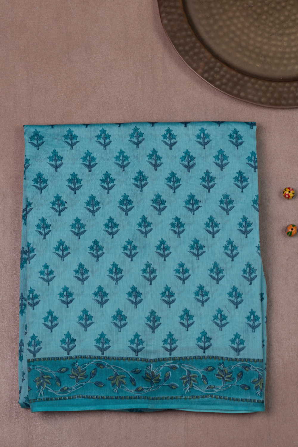 Light Blue Block Printed Silk Cotton saree