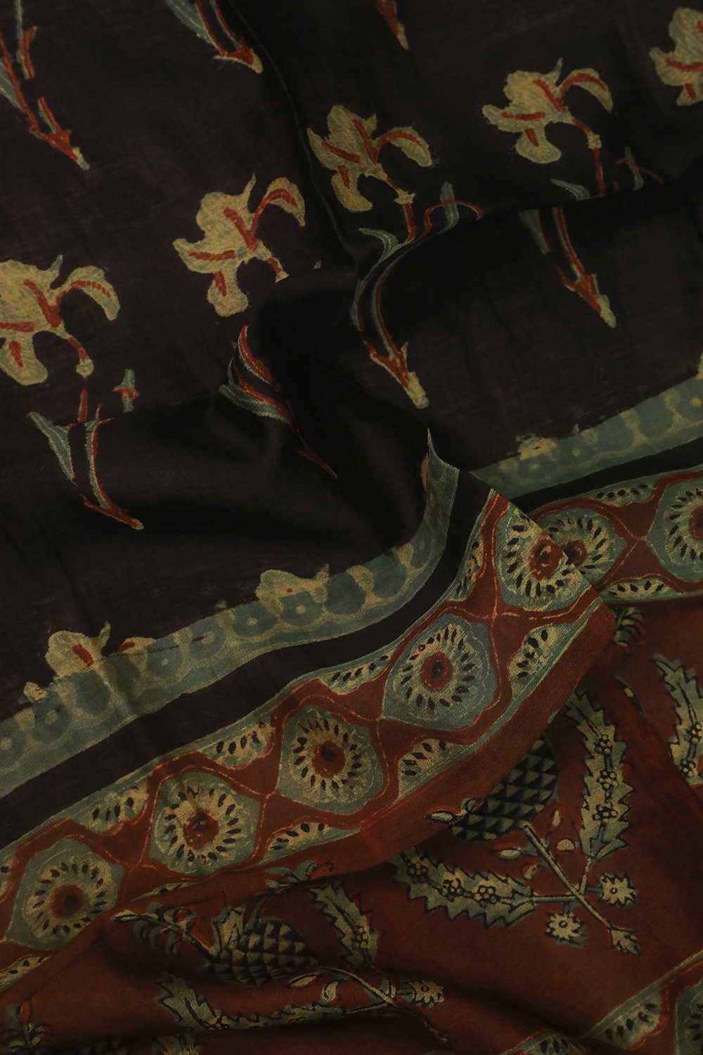 Slim Leaf - Black Block Printed Silk Cotton Stole - Image 2