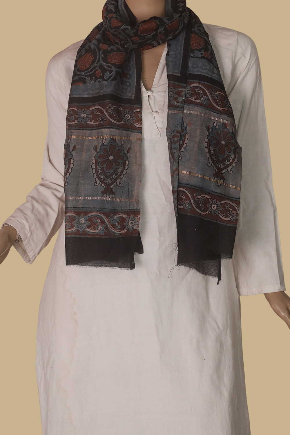 Lotus Midrib - Black Block Printed Silk Cotton Stole