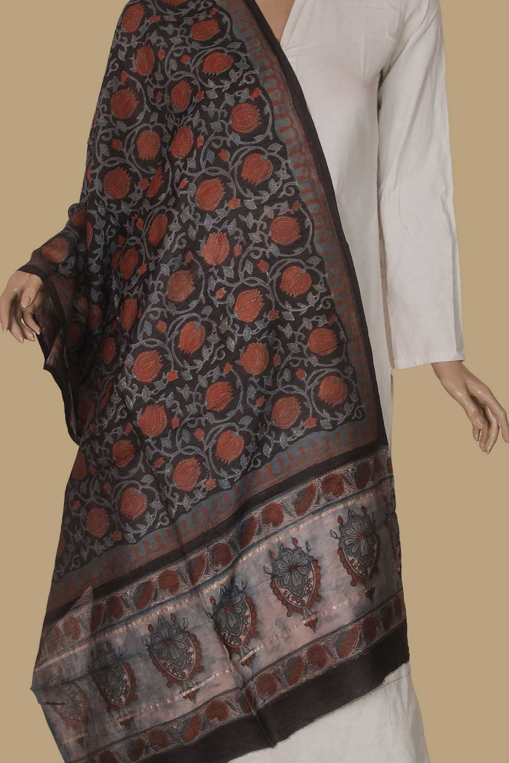 Black - Lotus Bloom Block Printed Silk Cotton Stole - Image 2
