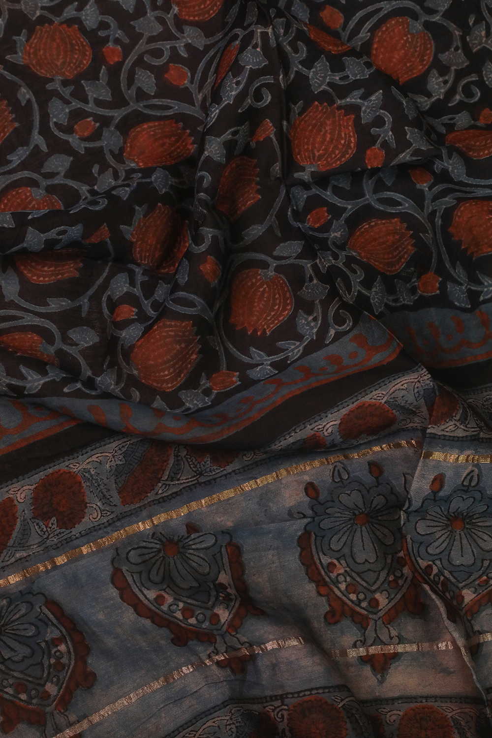 Black - Lotus Bloom Block Printed Silk Cotton Stole - Image 3