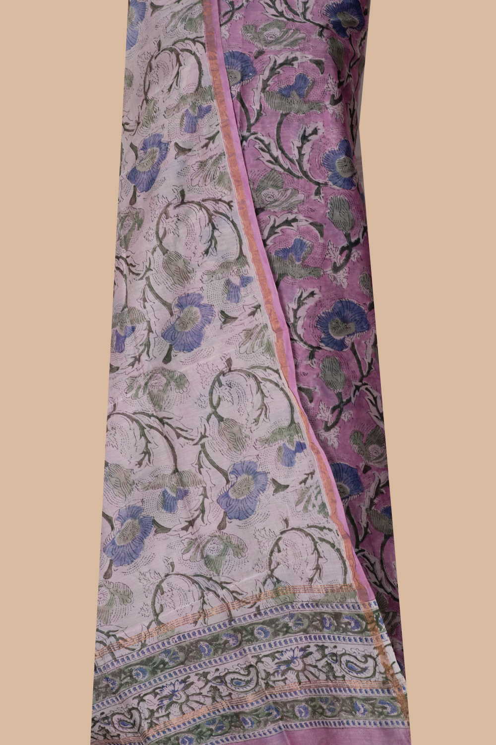 Florals on Pink Block Printed Silk Cotton Suit - Image 2