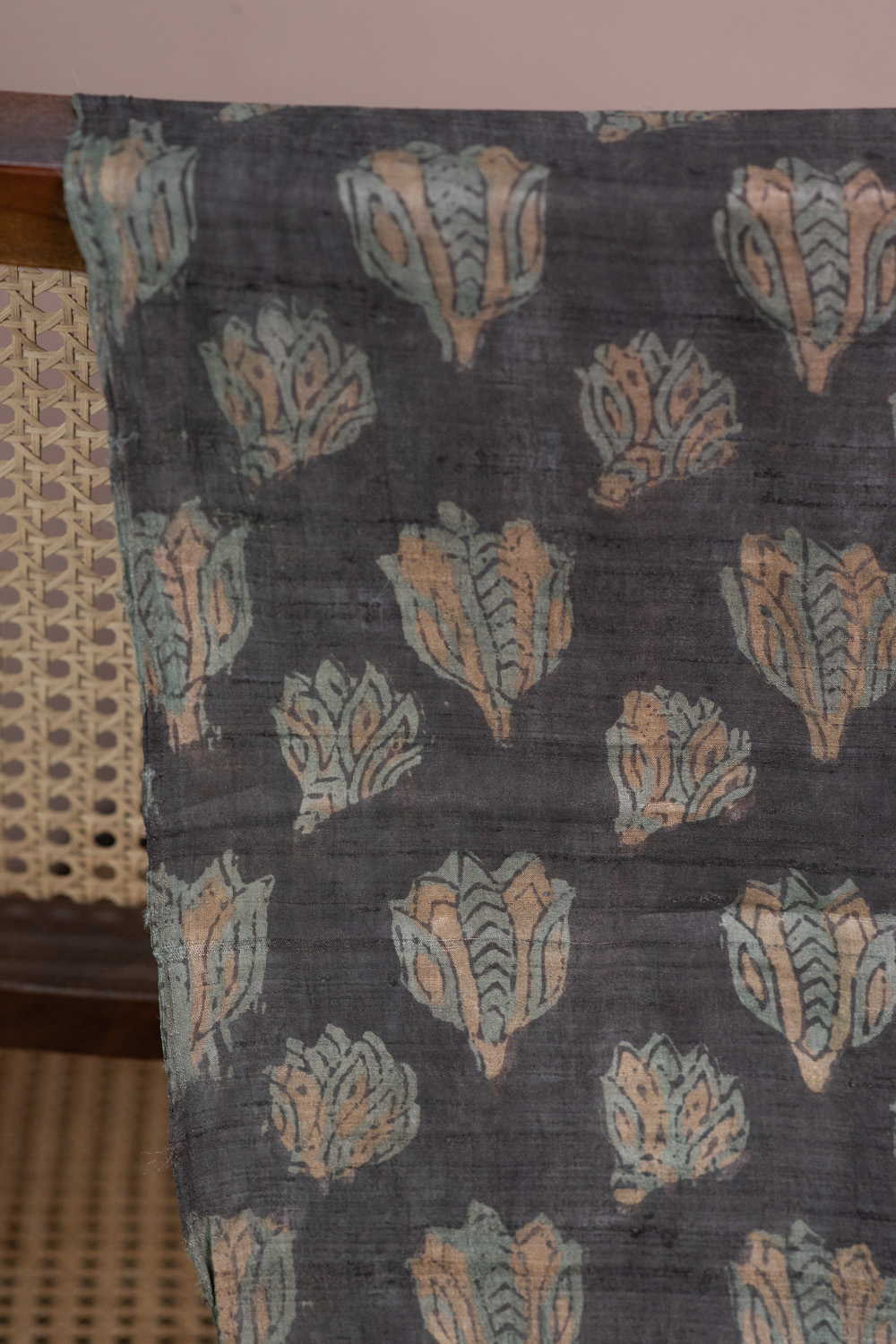 Grey - Florets Block Printed Tussar Fabric