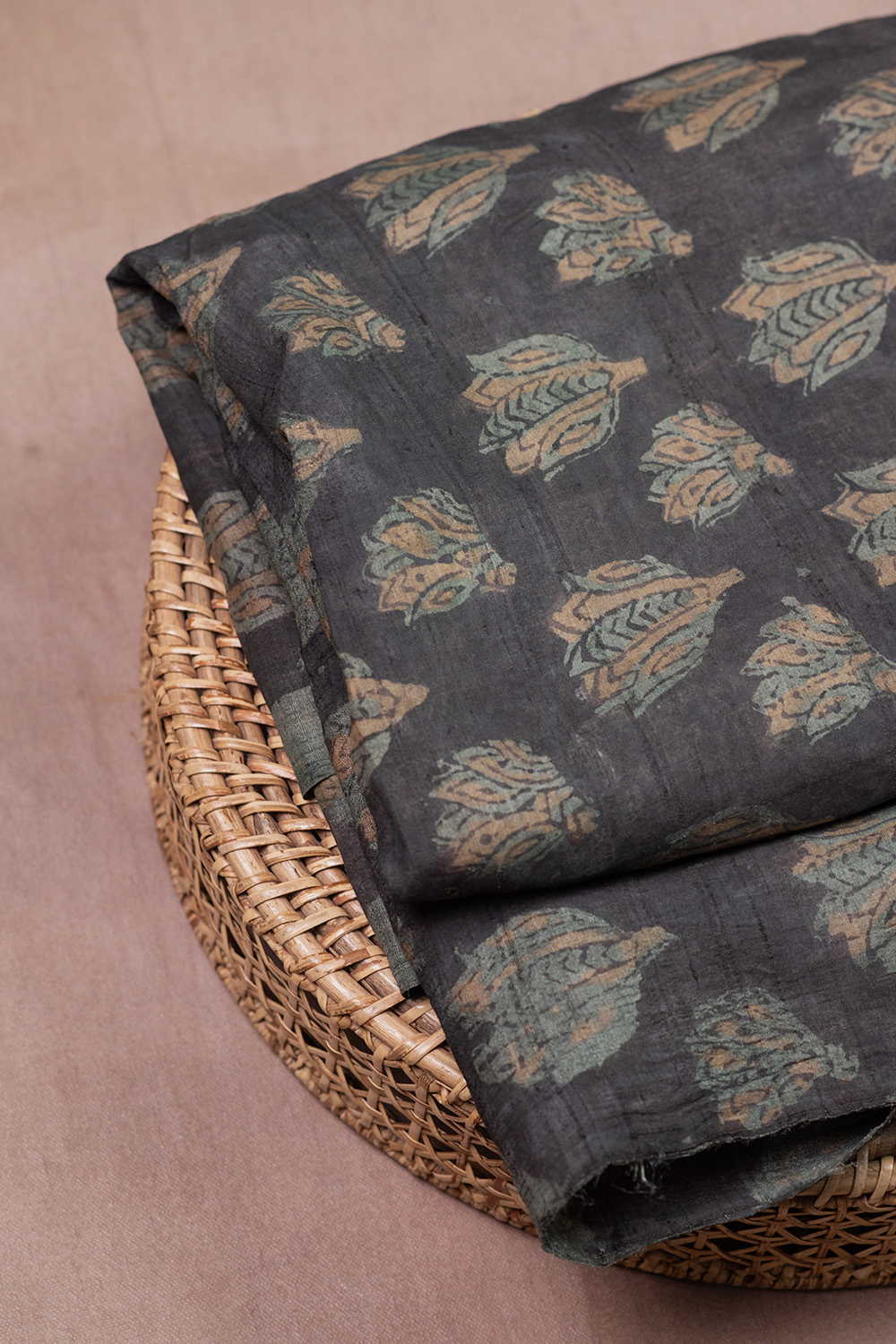 Grey - Florets Block Printed Tussar Fabric - Image 2