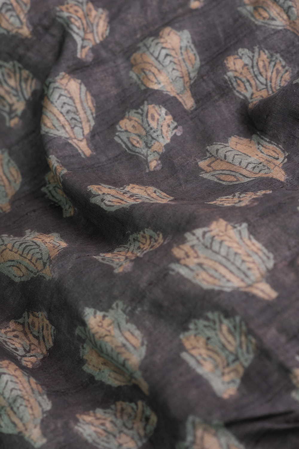 Grey - Florets Block Printed Tussar Fabric - Image 3