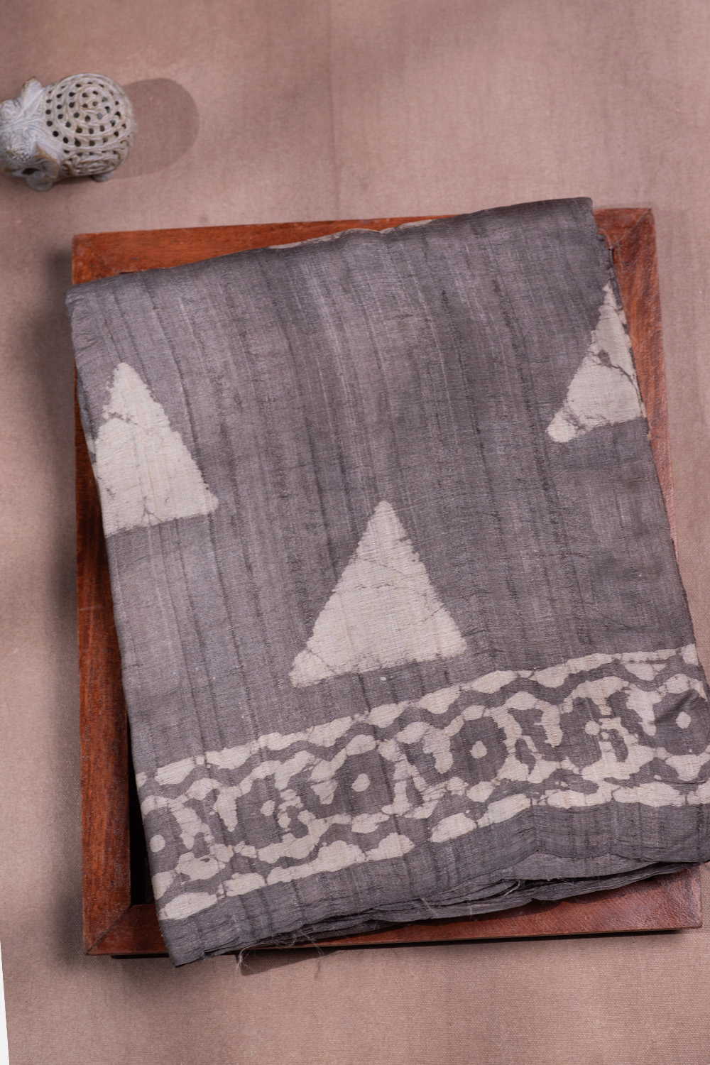 Triangle Motif Grey Block Printed Tussar saree